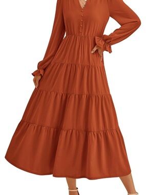 PRETTYGARDEN Long Sleeve Neck Tiered A Line Maxi Dress (Size XXL) Brock Red